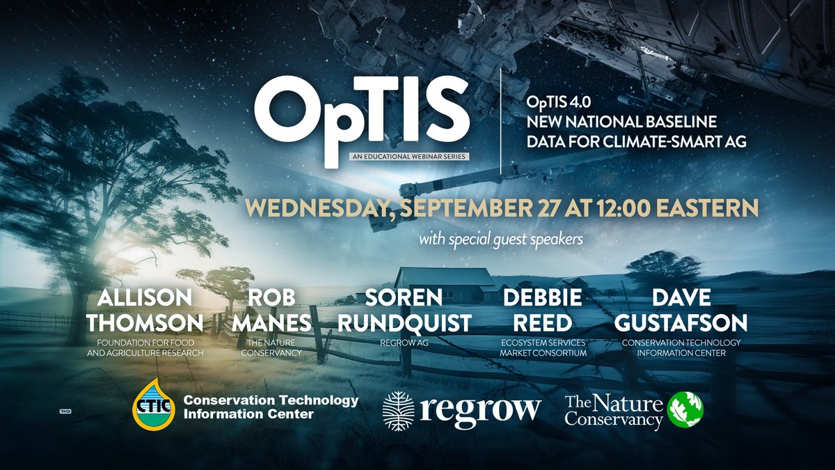 RegrowAg's tweet image. Interested in new national #BaselineData on the adoption of #ClimateSmartAg? See #CoverCrop &amp;amp; #NoTill trends in the US in a webinar featuring #OpTISData.

Sept 27 at 12 pm EST. 
Register: bit.ly/OpTISWebinar9-…

Speakers: @CTIC_Tweet @NatureAg @FoundationFAR @MarketEcosystem