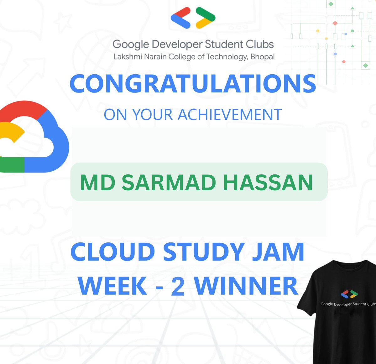 gdsclnct's tweet photo. 🌟 Drumroll, please!🥁 
We're thrilled to announce the Champion of the Week of GDSC LNCT Cloud Study Jam!🏆
MD SARMAD HASSAN's dedication, hard work, and commitment have truly shone through.🎉
Get inspired to reach new heights in your cloud journey.🌥️💪 
#GDSC #CloudStudyJam https://t.co/rWiJ7w2w8i