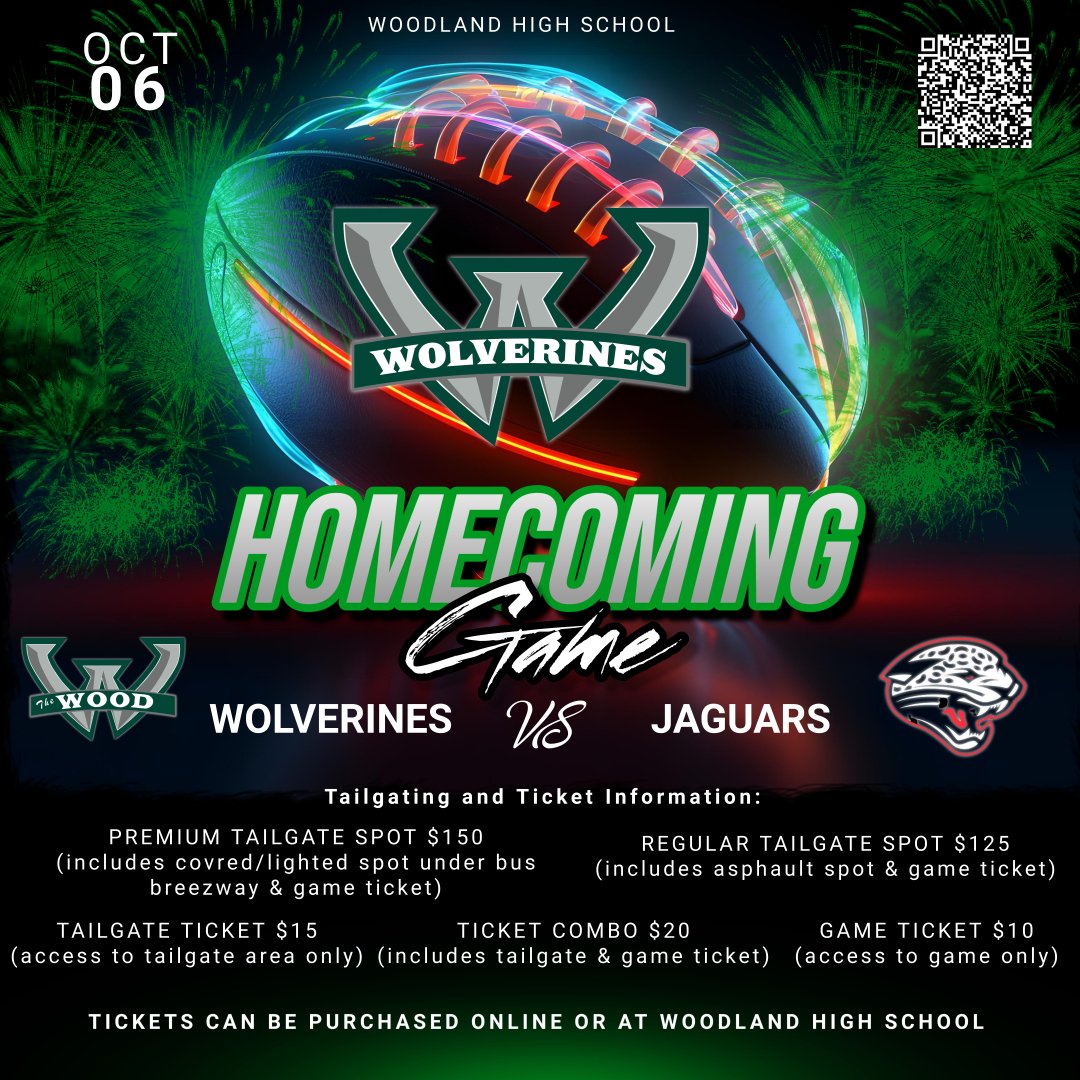Homecoming is on Oct.6th. The game starts at 7:30pm. Tailgating information below.
Get all your tickets and tailgate spots here: gofan.co/event/1045342?…
Contact Woodland with questions or to pay cash: (843) 563-5956.