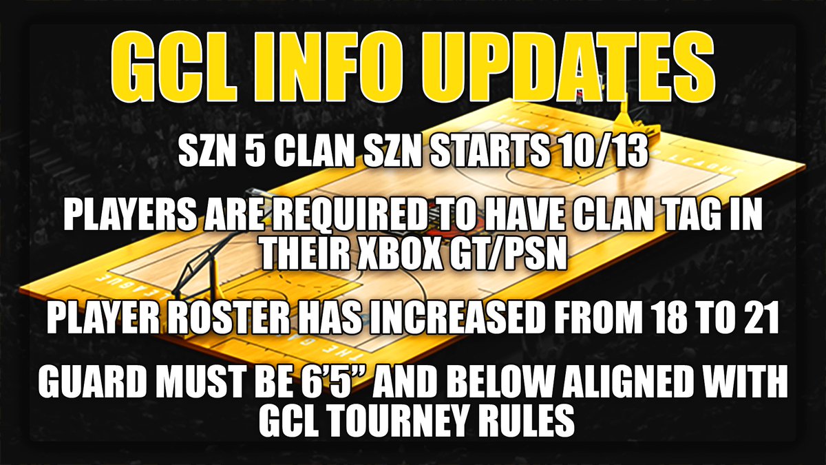 Gaming Club League (GCL) (@thegcl__) on Twitter photo 🔸🔸🔸🔸 Attention Clans🔸🔸🔸🔸
Below Is Updated Changes Made To Our GCL Clan Season Rules📌
Clan Leaders Make Sure To Share Updated Information With Your Clan Members🎯
thegcl.gg/clan-season-ru…
<a href="/iNetworkSports/">iNetwork</a> <a href="/BlkFrankWhite1/">TheBlkOne</a> <a href="/TheeJoeVegas/">Joe Vegas II 𝖎𝕭𝖆𝖑𝖑 Vegas</a> <a href="/2kDiscord/">SQUAD FINDER | NBA2K25 LEAGUES</a> <a href="/Unkle_Dunk/">Unkle Dunk</a> 🔸🔸🔸🔸 Attention Clans🔸🔸🔸🔸
Below Is Updated Changes Made To Our GCL Clan Season Rules📌
Clan Leaders Make Sure To Share Updated Information With Your Clan Members🎯
thegcl.gg/clan-season-ru…
<a href="/iNetworkSports/">iNetwork</a> <a href="/BlkFrankWhite1/">TheBlkOne</a> <a href="/TheeJoeVegas/">Joe Vegas II 𝖎𝕭𝖆𝖑𝖑 Vegas</a> <a href="/2kDiscord/">SQUAD FINDER | NBA2K25 LEAGUES</a> <a href="/Unkle_Dunk/">Unkle Dunk</a>
