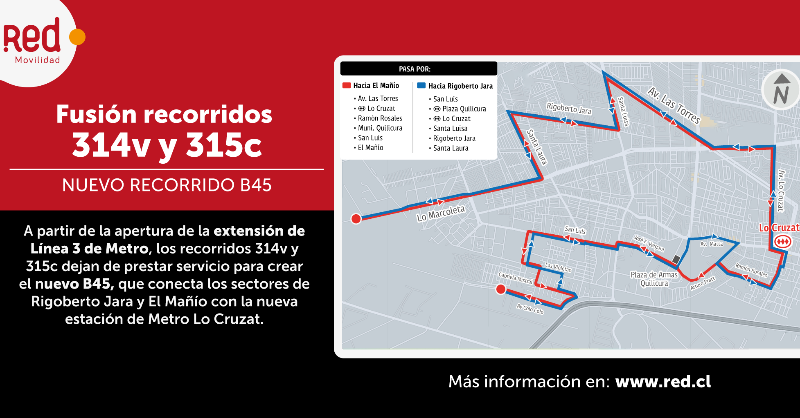 Transantiago's tweet photo. 🔴#AvanzamosContigo  en @muniquilicura 
📣¿Ya conoces el recorrido B45🚍 ? Este servicio conecta a l@s vecin@s de Rigoberto Jara y El Mañío, entregando una conexión directa con la ya inaugurada estación 🚇#LoCruzat en #L3 de @metrodesantiago.