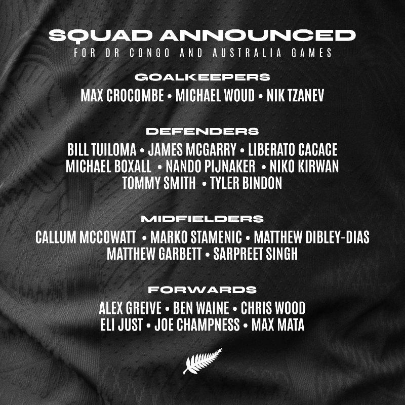 NZ_Football's tweet photo. 🚨 SQUAD ANNOUNCED 🚨

Darren Bazeley has named his first squad as permanent All Whites head coach for the games against DR Congo 🇨🇩 and Australia 🇦🇺:

🆕 Tyler Bindon
🆕 Matthew Dibley-Dias

🔙 Joe Champness, Niko Kirwan, James McGarry, Sarpreet Singh, Chris Wood, Michael Woud