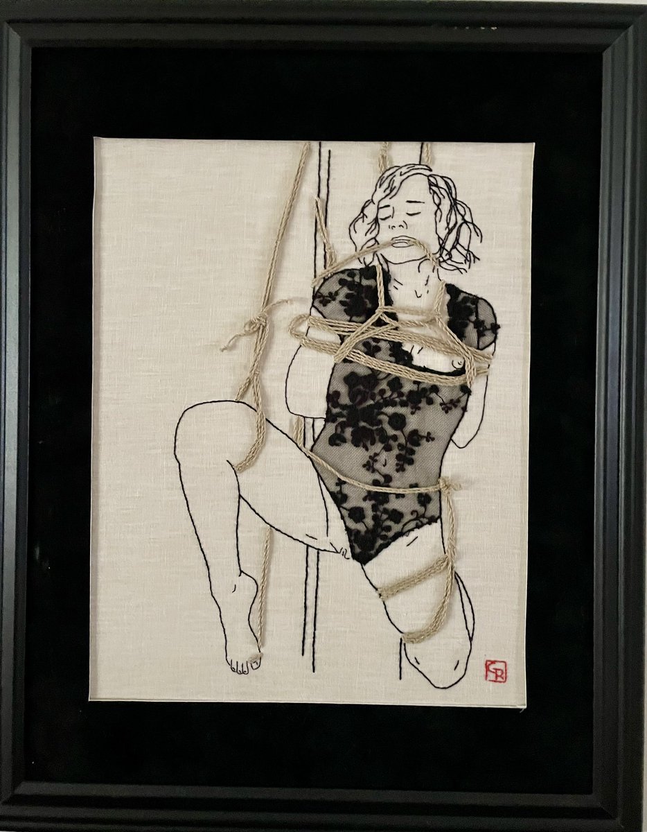 GraciDoesIT's tweet photo. CLEAR MY WALLS SALE!!! selling original pieces at a severe discount. Info👇DM me if interested.  Shipping is NOT included. 
3)Pole — Frame 16”x20” Art 10”x13” — silk and hemp thread, lace on linen — $100
#eroticart #bondageart #ropebondage #shibariart #encausticpainting https://t.co/OknA8mnb99