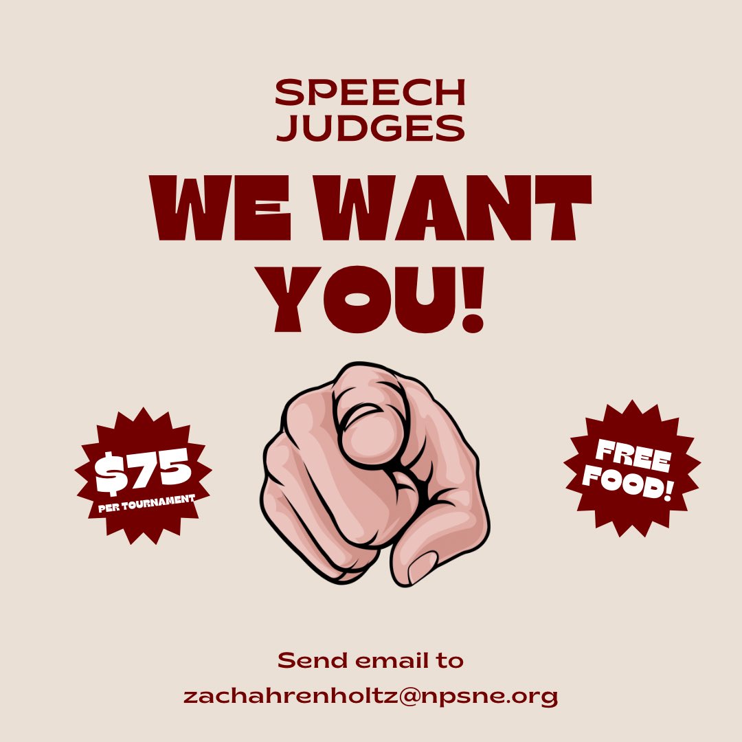 Hi all! We just sent an email out to some of our previous judges, but we know we do not have everyone’s email. If you’d like to join our Speech Judge Team please email Mr. Ahrenholtz!🙂