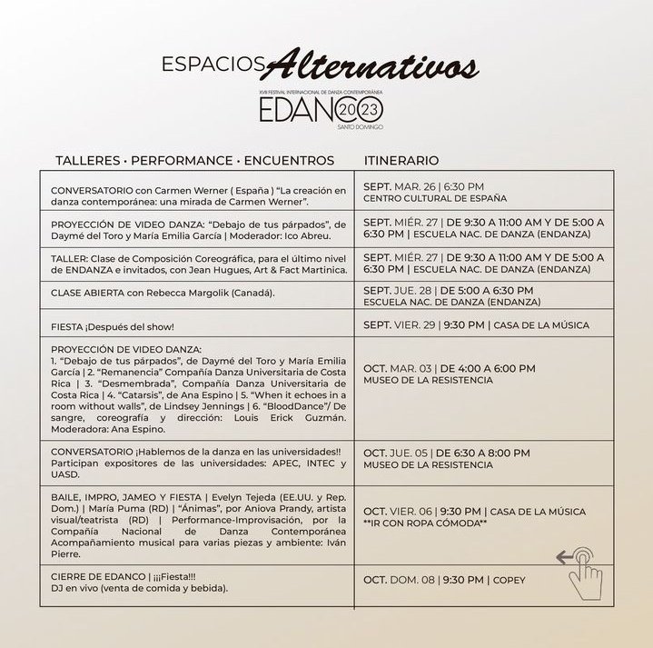 LuisGraham's tweet photo. Ya inició #EDANCO, el festival internacional de danza contemporánea realizado con muy buen criterio y rigor desde hace mucho tiempo en RD. Les comparto su programación.

¡Agenden! https://t.co/9m74BXXHSP