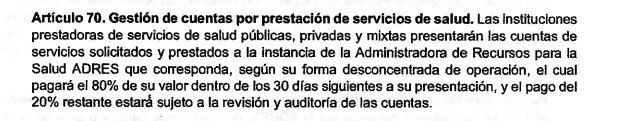 CathyJuvinao's tweet photo. Dra. Corcho, la imagen es clara: art. 70 de la reforma indica que ADRES girará el 80% de la facturación al prestador de salud en 30 días, y ‘el 20% restante estará sujeto a la revisión y auditoría de las cuentas’. Es un real escándalo, y si usted aún no lo ha visto entonces estamos en serios problemas.

Además, le solicito respetuosamente evitar ser imprecisa: en la actualidad SÍ existen controles previos, concurrentes y posteriores. La ausencia de contratos entre ADRES e IPS que propone la reforma haría que no existan controles previos, pues no se podrán establecer criterios de acceso, guías de práctica clínica, autorizaciones y tarifas, para maximizar la racionalidad técnico-científica en el proceso de atención. 

Adicionalmente, las auditorías posteriores y ‘aleatorias’ no serían ejercidas con el mismo rigor pues no estarán sujetas al ingreso de la UPC. Si la ADRES paga el 80% a 30 días, se genera un poderoso incentivo a aumentar la facturación, lo que representa riesgos inminentes de corrupción como lo hemos visto ya con el Cartel de la Hemofilia, del SIDA, del Síndrome de Down, entre otros. 

PD: lo anterior, con o sin manejo de alcaldes y gobernadores (ojalá los saquen por completo de la conformación de la redes), es el peor riesgo de la reforma en la actualidad. Por el bien del país y de los recursos públicos, deben ajustar.