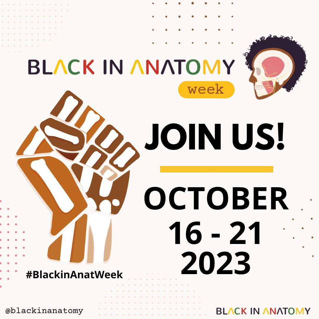 The 3rd Black in Anatomy Week is October 16-21! Mark your calendars! 

Join us for virtual events, networking, painting, and socials for everyone who loves #anatomy.

The #BlackinAnatWeek schedule is coming soon!

#blackinanat #medicalillustration #blackinx #meded