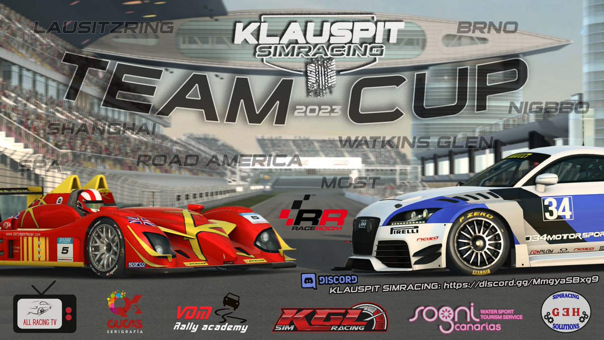 🔥 Ya disponemos del cartel oficial del próximo campeonato de <a href="/raceroom/">RaceRoom</a> KLAUSPIT TEAM CUP 2023.

Agradecer a nuestros partner:
<a href="/AllRacingtv/">AllRacingTv</a> 
<a href="/hector_rivero94/">hector rivero</a> 
<a href="/VDMRallyAcademy/">VDM Rally Academy</a> 
kglcreationlab.com
sognicanarias.com
serigrafiacucas.com

📢 discord.gg/MmgyaSBxg9
