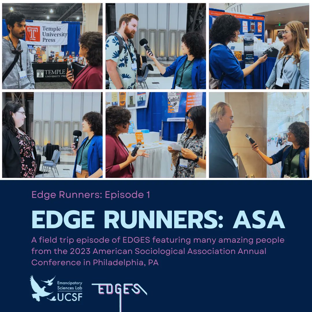 EmancipatoryLab's tweet photo. It's up! Listen now on Spotify: https://t.co/Xj8Zyox6Qu
Our new series, Edge Runners, takes you into the field with us. In ep. 1, join ESLab fellows asking scholars at #ASA "What do you study and why is it cool?"
#ASA23 #Sociology #Ologies #scicomm #EmancipatoryScience https://t.co/mhXVyiBGv3