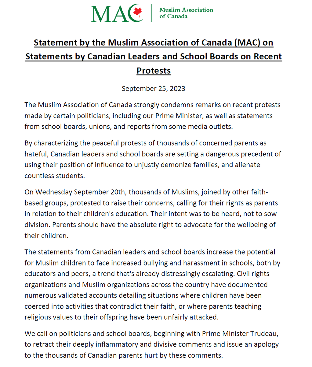 Statement by the Muslim Association of Canada (MAC) on Statements by Canadian Leaders and School Boards on Recent Protests macnet.ca/2023/official-…