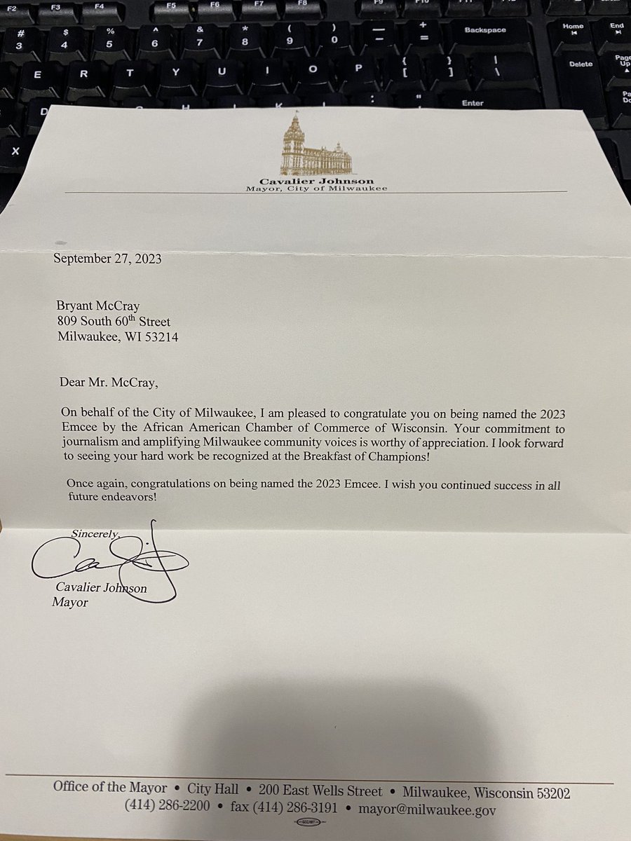 A welcomed letter from the @MayorOfMKE. I am excited to emcee the 2023 Breakfast of Champions for the #AACCWI. The event aims to honor area African American business leaders and their passion for economic development. It all goes down this Wednesday on the floor of @FiservForum!