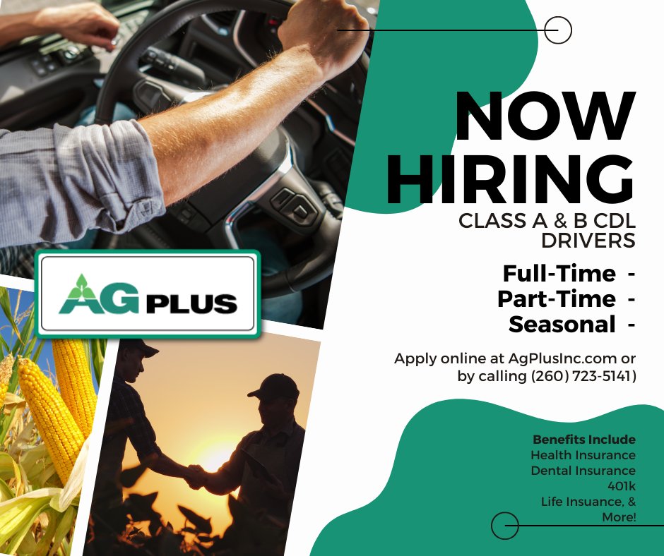 agplusinc's tweet photo. We are urgently hiring for both Class A and Class B CDL Drivers.  Ag Plus has a positive work environment and we are looking forward to expanding our team this harvest season.  Please apply online at https://t.co/DBkm2yM7D8 or by calling 260-723-5141. https://t.co/MjUd7kECXh