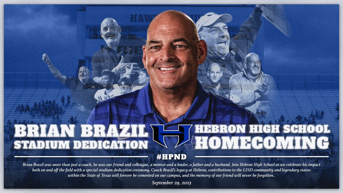 Hebron_HS's tweet image. Join us on Friday, September 29th for the Naming Ceremony of the Hebron Stadium- to be named the Brian Brazil Stadium. Help us honor Coach Brazil's legacy as we light the stadium publicly for the first time before the start of the homecoming football game.