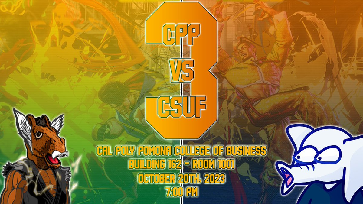 CPPFGC's tweet photo. CPP VS CSUF #3
We are having our 3rd 5v5 against Cal State Fullerton! This time, we'll be dueling in Street Fighter 6! It will be taking place at our home territory this time, Cal Poly Pomona, at 7 PM in Building 162, Room 1001 (College of Business) https://t.co/aPXw9f4jIl