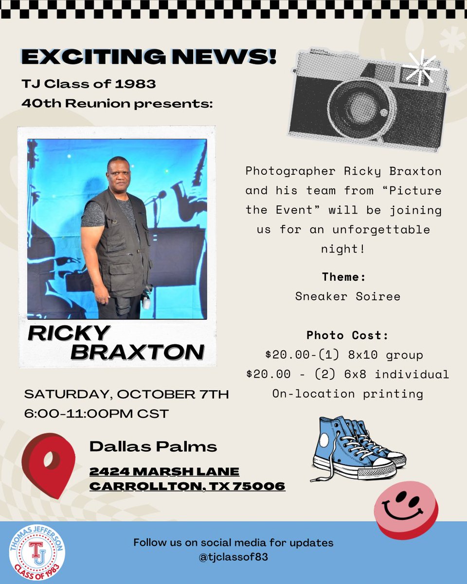tjclassof1983's tweet photo. Exciting News! 📸 Ricky Braxton &amp; Team from “Picture the Event” are joining us at the TJ Class of '83 40th Reunion, offering on-location printing services. Get ready to capture memories! #TJHS40Reunion #tjclassof1983 #tjhsreunion #40threunion #TJHS https://t.co/miRoYY35PQ