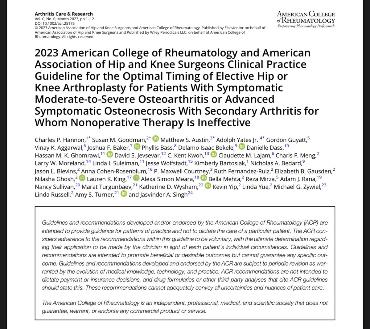 🚨🚨🚨Proud to have worked with some of the best and brightest @AAHKS and @ACRheum for the newest 2023 Guidelines for the Optimal Timing of elective #Hip and #Knee Arthroplasty! I am encouraged by these guidelines that we can improve #equity in total hip and knee arthroplasty