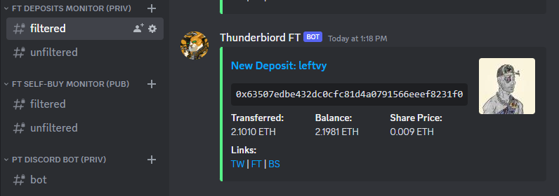 New monitor added to our Discord for FriendTech holders only: 

FT ETH Deposits - Monitors for ETH deposits to FriendTech wallets. 

Public version of Discord opening later today.