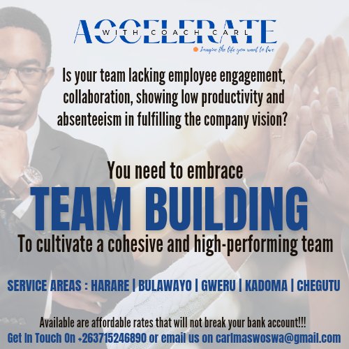 Is your team lacking employee engagement, collaboration, showing low productivity and absenteeism in fulfilling the company vision?

Available are affordable rates that will not break your bank account!!! Get in Touch On +263715246890.
