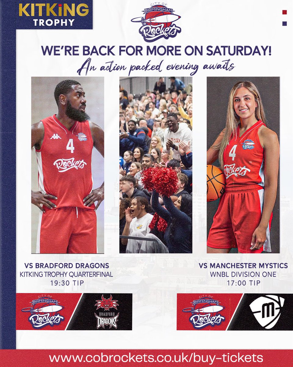 🚀 Our men’s team are in @D1Trophy quarterfinal action this Saturday while our women get their WNBL Division One campaign underway!

🎫 We are excited to be running a ‘Kids for a Quid’ promotion for this Saturday’s action…

🎟️ eventbrite.co.uk/e/kitking-trop…

#WeAreRockets