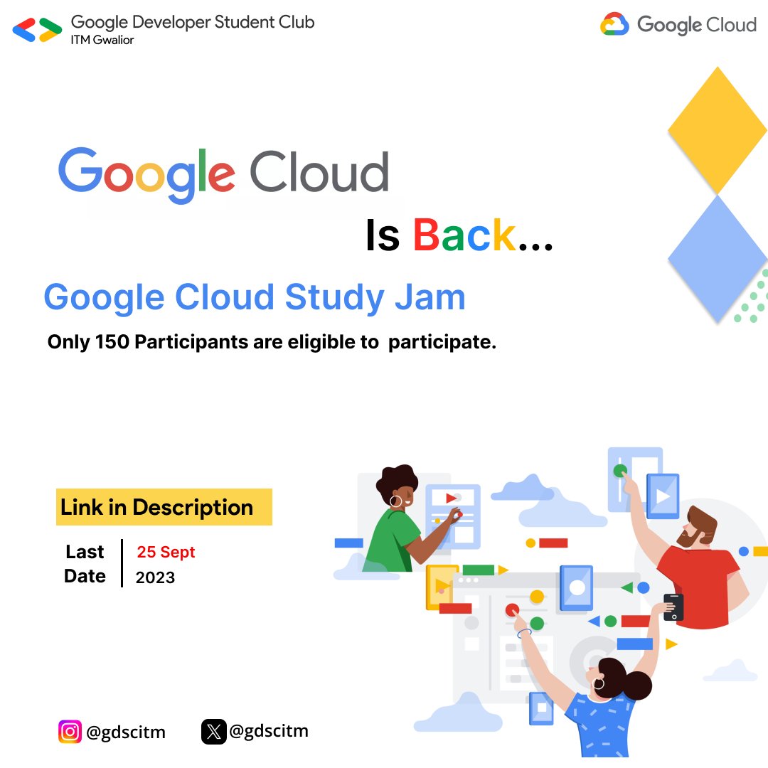 GDSCITM's tweet photo. "🚀 Ready to elevate your cloud skills? Join our Google Cloud Study Jam, 🌟 Unlock the power of Google Cloud ☁️ with us!  Secure your spot today."
#gdscitm #GoogleCloudstudyjam https://t.co/ti4qU85BHo