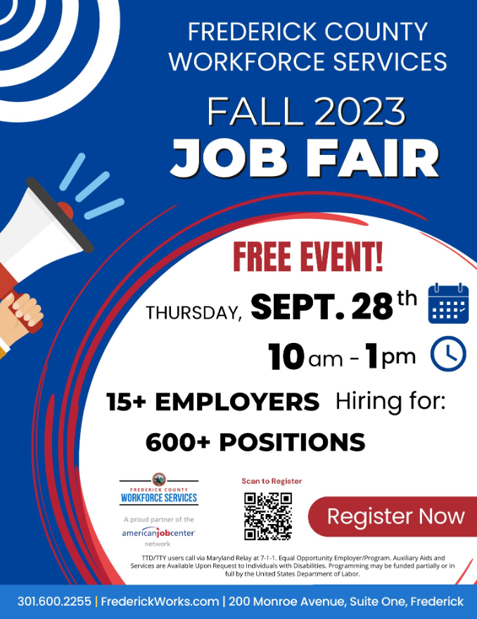 FCWS Fall 2023 Job Fair... Thursday, September 28th (10 am to 1 pm) at 200 Monroe Ave in Frederick, MD. Participating businesses represent 700+ job opportunities! Don't miss it!! tinyurl.com/42dyjsex
#FrederickMD #JobFair #WorkforceDevelopment