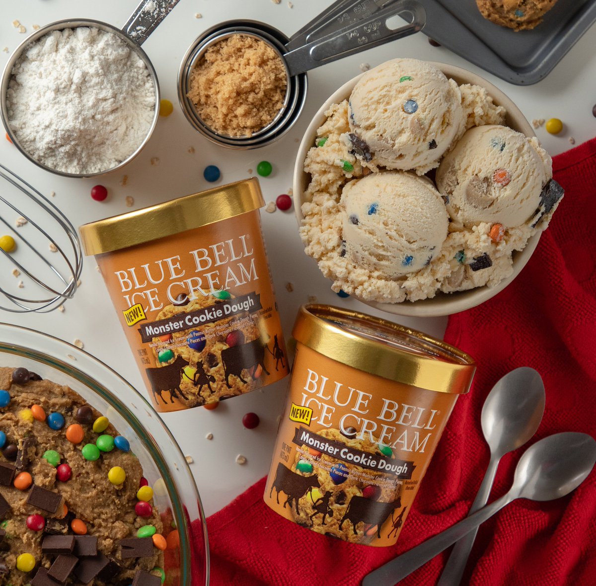 ILoveBlueBell's tweet photo. Dough-licious! Our Monster Cookie Dough is a creamy vanilla ice cream with hints of brown sugar loaded with peanut butter monster cookie dough pieces, candy-coated chocolate pieces and dark chocolate chunks. Find it in the pint size, but only for a limited time. 😀 https://t.co/wQf3s3fCqu