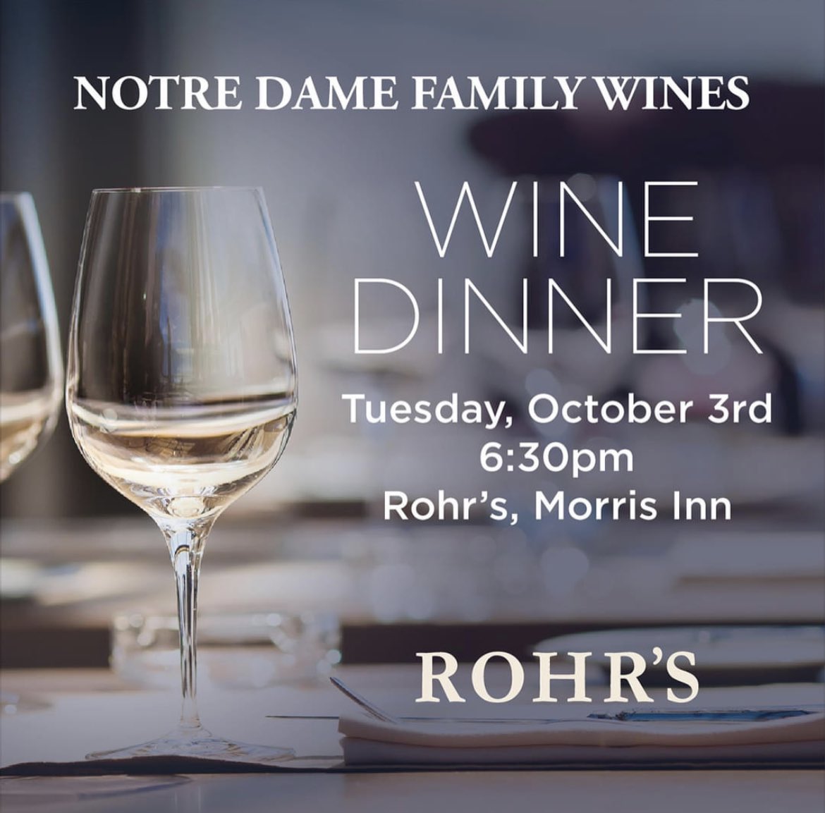 NDwines's tweet photo. Notre Dame Family Wine Dinners are back! Join us at @RohrsNotreDame as we feature selections from wineries with ND connections. Enjoy an exceptional 5-course Italian themed dinner, perfectly paired with wine from E. &amp; J. Gallo Winery.

Learn more: https://t.co/HrQp85Qbjg https://t.co/l4o2rrHCMB