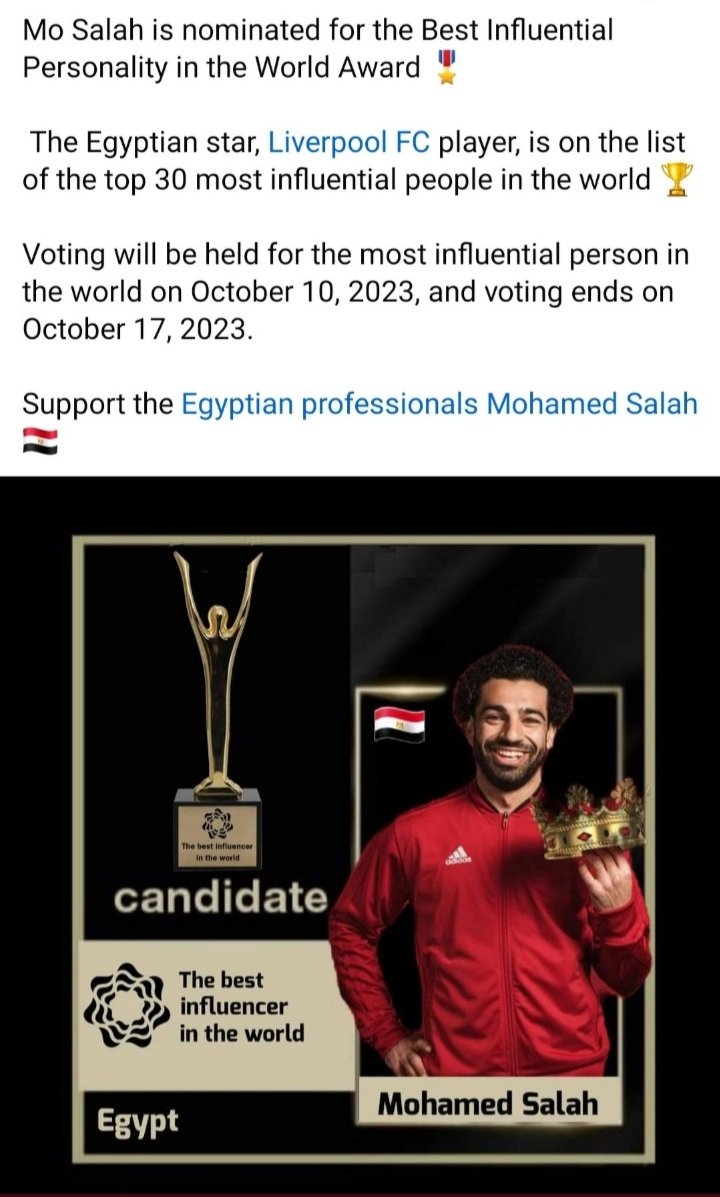 Whitehe94641511's tweet photo. 🔴🚨 رسميًا : محمد صلاح تم ترشيحه لجائزة افضل شخصية مؤثره فى العالم the best  2023 https://t.co/bUb4dEjlWR