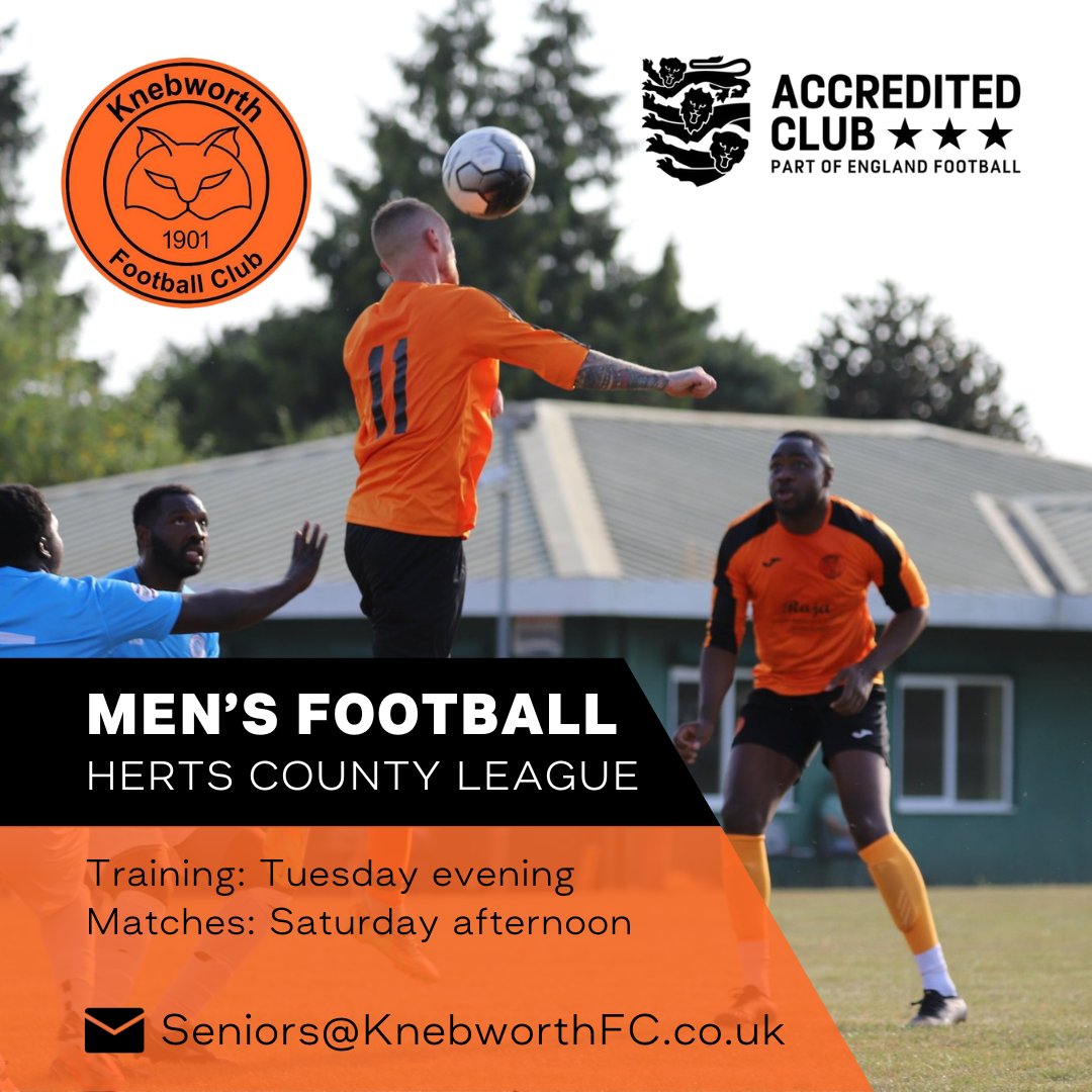 🚨 Players wanted
Recruiting for our Men's First Team in the Herts County League
Training on Tuesday nights, matches on Saturday
DM or email Seniors@KnebworthFC.co.uk
#PlayersWanted #SquadBuilder #FreeAgent #HertsFootball