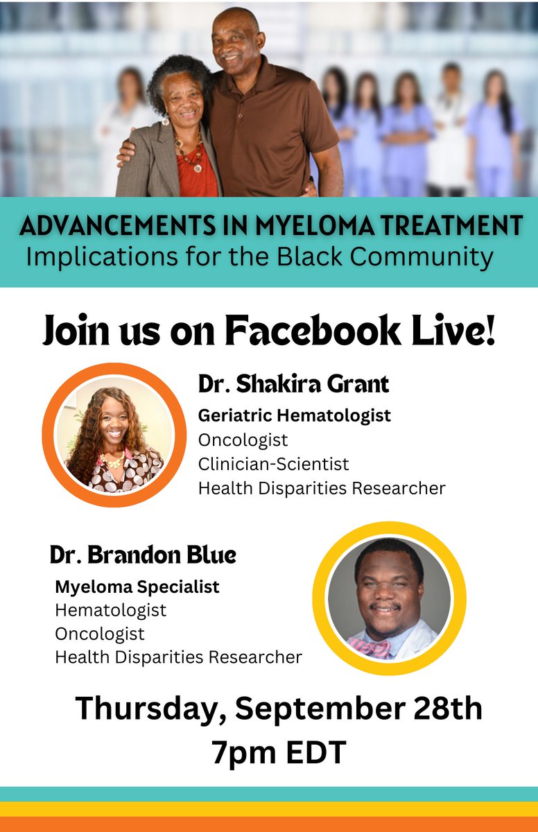 Join me on 09/28/2023 at 7 PM for a chat with @DrBlueMD!We'll explore the latest multiple myeloma treatments and discuss how everyone in the Black community can make sure they get a fair shot at them. ➡️ RSVP here: fb.me/e/43lQxMcl2 #MMsm #Cancer #BloodCancerAwarenessMonth