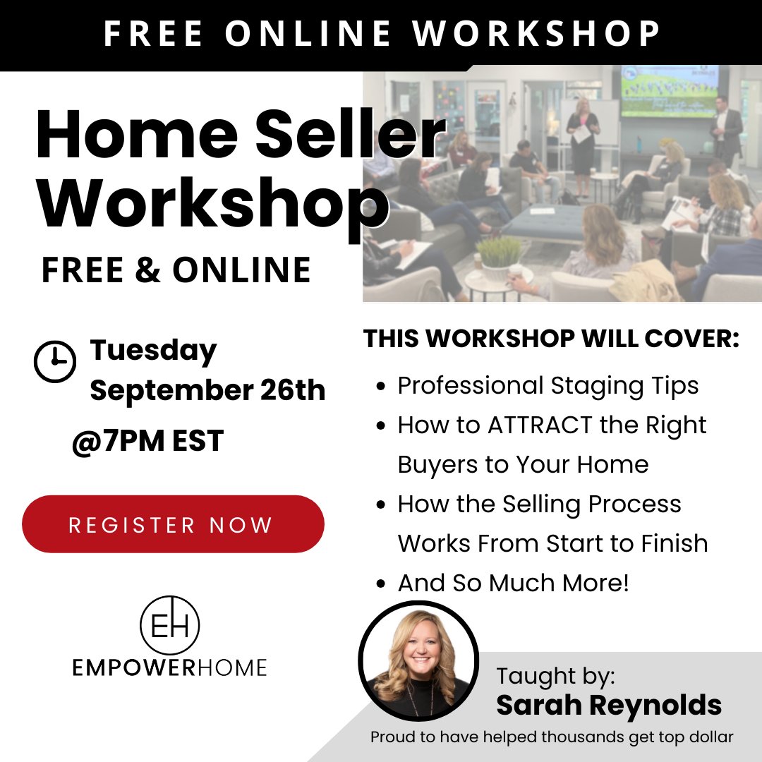 ReynoldsEHTeam's tweet photo. Thinking about selling a home but don’t know where to start? We’ve got you covered! 🏡💪 Join our FREE Home Seller Workshop and unlock the secrets to selling for more! Don't miss out – register here: https://t.co/jiqGq2uLg1 https://t.co/o1yO2hqOX7