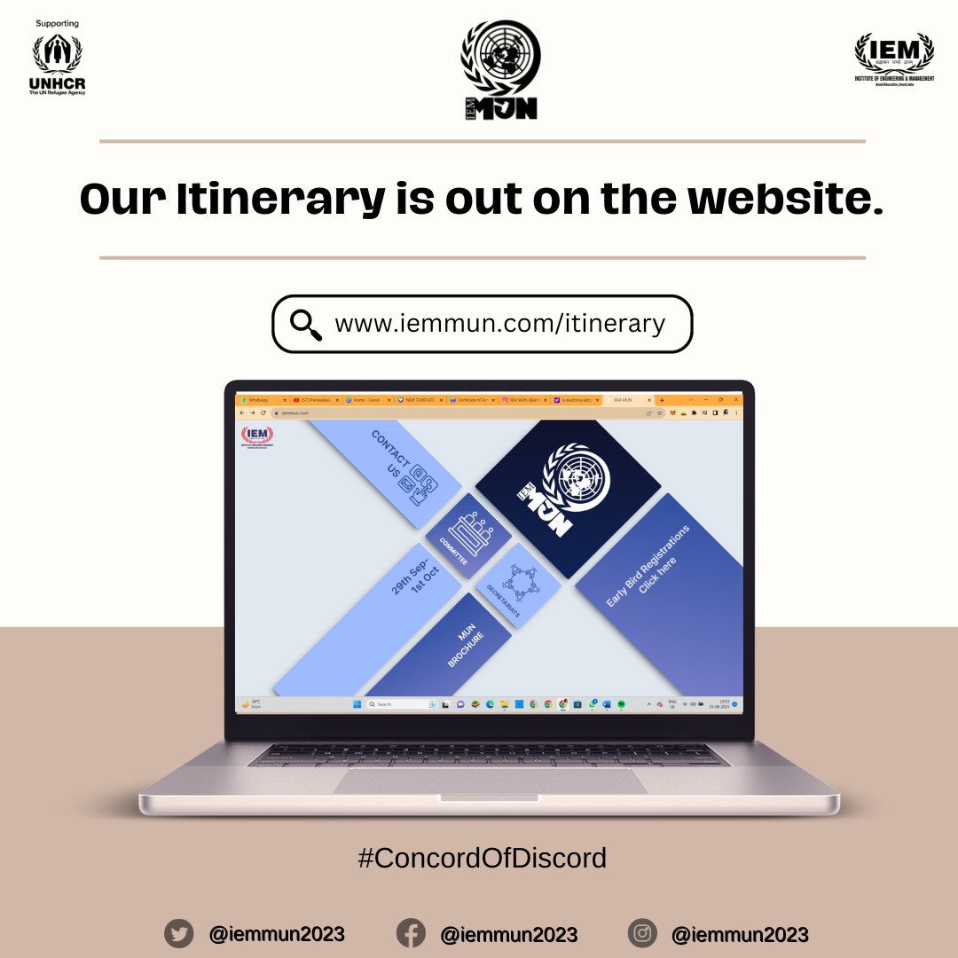 'The moment you've been waiting for! Our itinerary is officially live on our website📋 Check it out now!

#ConcordOfDiscord
#IEMMUN2023
#mun #finance
#modelunitednations #unitednations
#generalassembly #unhrc #uncopuos #ip #aippm #cop28 #events #college #weareback