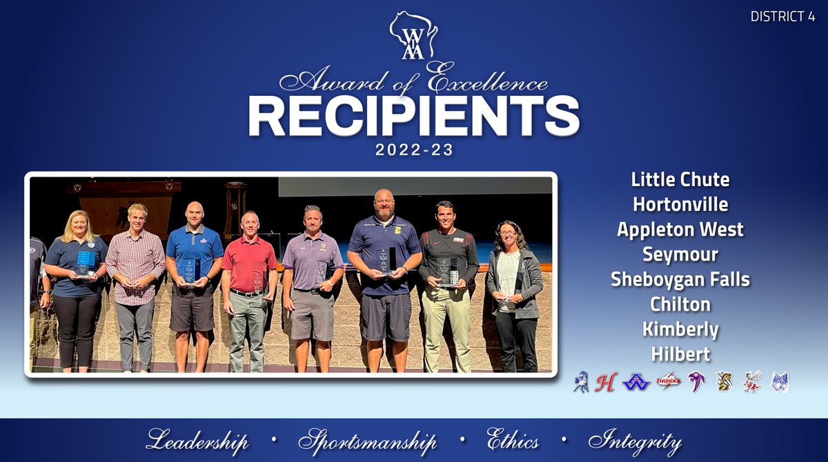 At today's District 4 Area Meeting, eight member schools were presented with the WIAA Award of Excellence for the 2022-23 school year! 🏆

The award recognizes member schools for their efforts &amp; achievements in sportsmanship, ethics, integrity, leadership &amp; character.👏