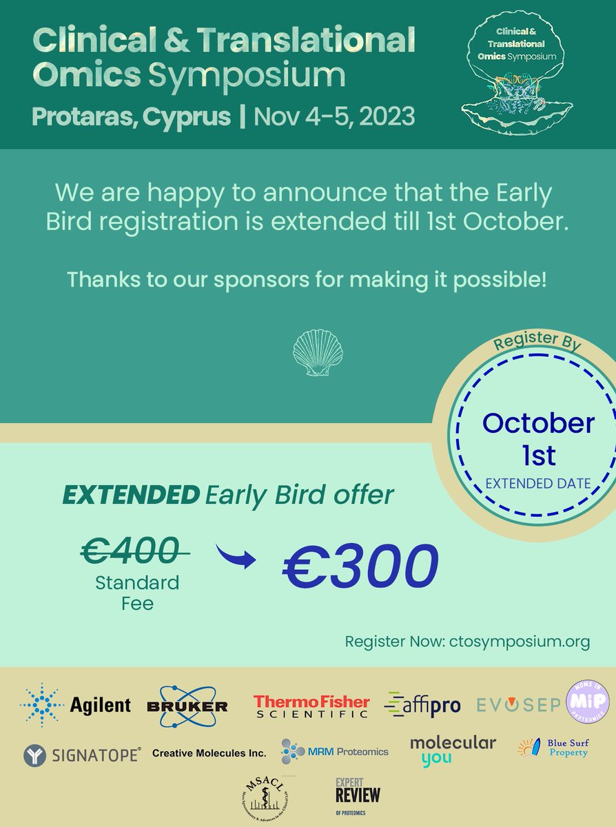 Thanks to our sponsors, including <a href="/Agilent/">Agilent Technologies</a> <a href="/EvosepBio/">Evosep</a> <a href="/bruker/">Bruker</a> <a href="/thermofisher/">Thermo Fisher</a> <a href="/MSACL/">MSACL</a>, we're extending Early Bird registration for our #ctosymposium to Oct 1st!  Submit abstracts &amp; register: ctosymposium.org #clinicalproteomics #omics #lipidomics #metabolomics #bionformatics