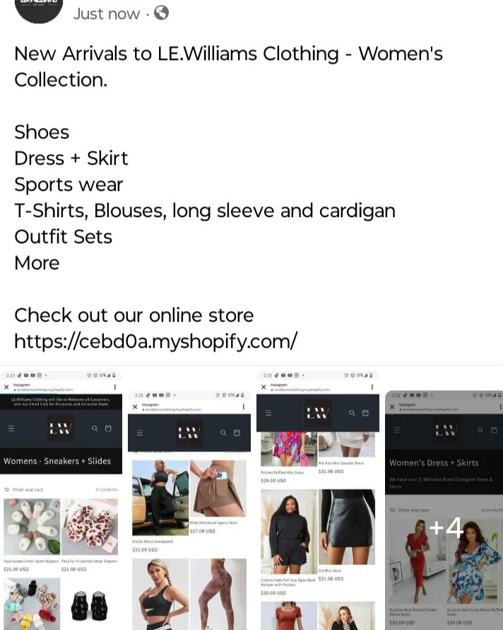 New Arrivals to LE.Williams Clothing - Women's Collection. Shoes Dress + Skirt Sports wear T-Shirts, Blouses, long sleeve and cardigan Outfit Sets More Check out our online store cebd0a.myshopify.com