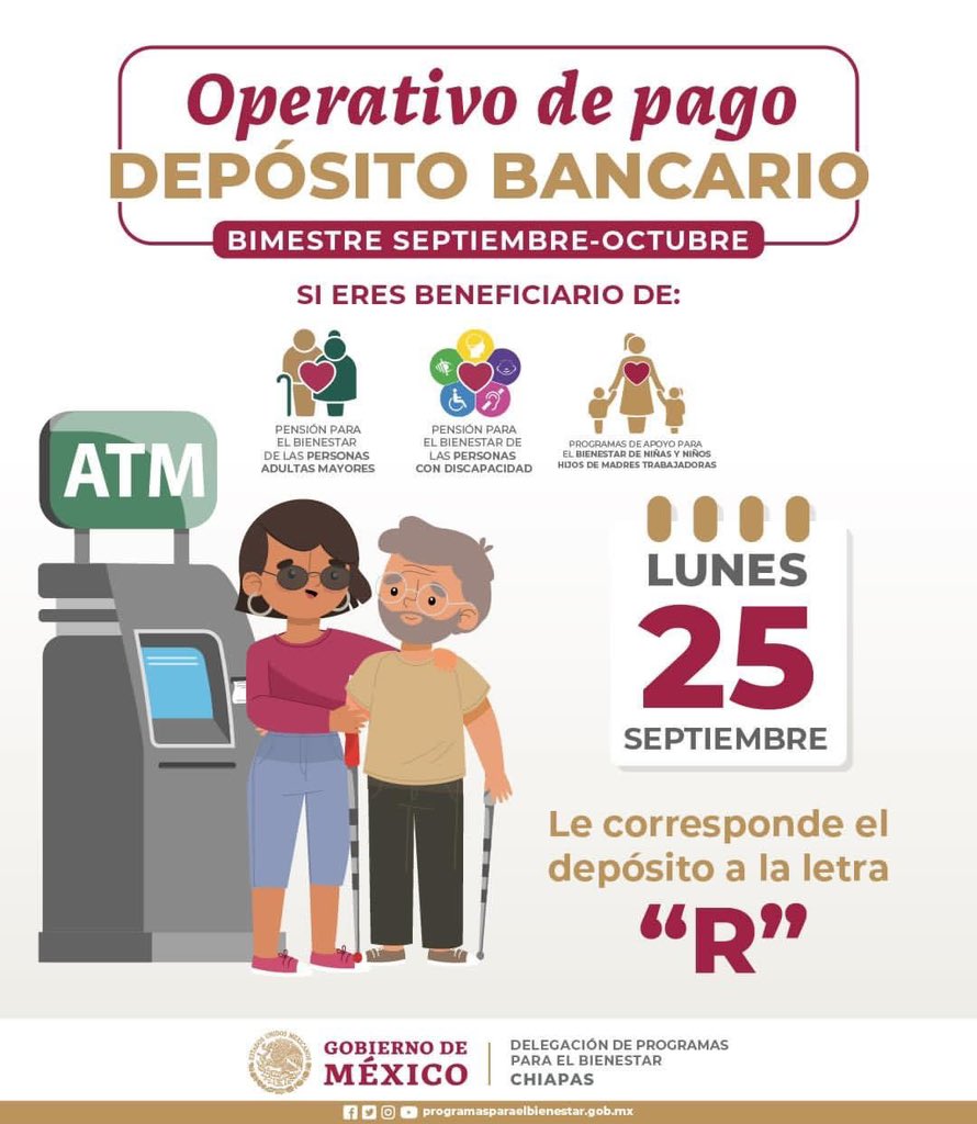 ChisBienestar's tweet photo. 📣 Esta semana concluye el pago de los apoyos para adultos mayores, personas con discapacidad y del programa para niñas y niños, hijos de madres trabajadoras.

🗓️ Hoy reciben su depósito las y los beneficiarios cuyo primer apellido inicia en R.

Consulta: https://t.co/U2xxjBcUGf https://t.co/yGJjrNzbwb