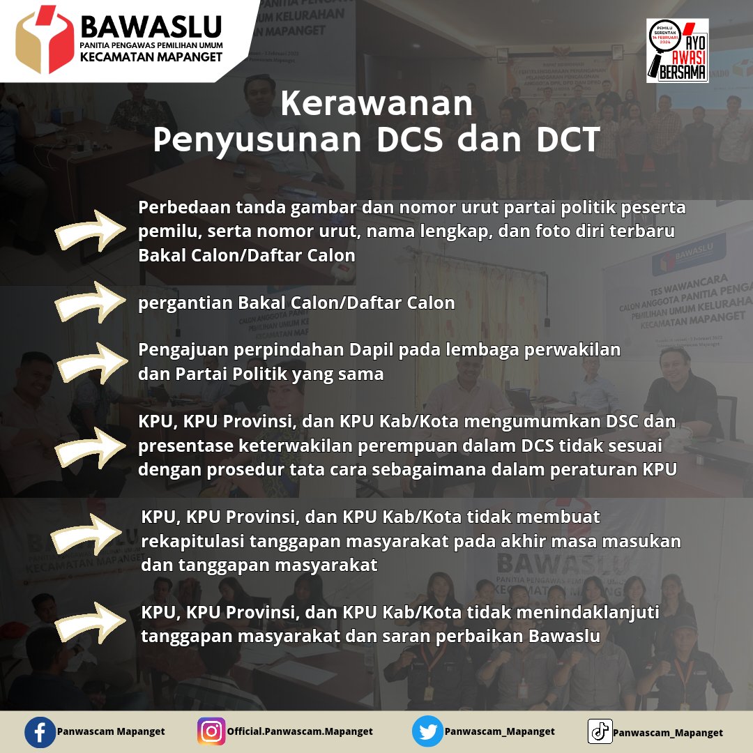 Panwas_Mapanget's tweet photo. Halo #sahabatbawaslu berikut terdapat potensi kerawanan dalam penyusunan DCS dan DCT calon Dewan Perwakilan Rakyat, Dewan Perwakilan Rakyat Daerah Provinsi, Dewan Perwakilan Rakyat Daerah Kabupaten/Kota. 
Ayo Terus Awasi, Salam Awas ✊ 

#bawasluri #bawaslusulut #bawaslumanado https://t.co/Tu9IOpJjkH