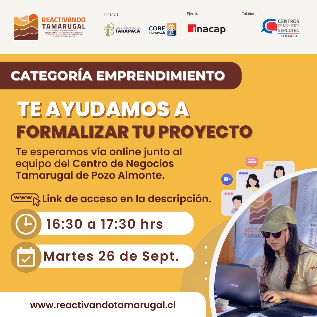 RTamarugal's tweet photo. #ProvinciaDelTamarugal
Si tu proyecto fue seleccionado en #ReactivandoTamarugal, este mensaje es para ti!!

Taller: Formalización de Empresas, Programa Reactivando Tamarugal

Link de ingreso: https://t.co/QMtV2m9ylZ...

@sercoteciquique @Gore_Tarapaca @Inacapinos @INACAPiquique https://t.co/93JP8hsFF4