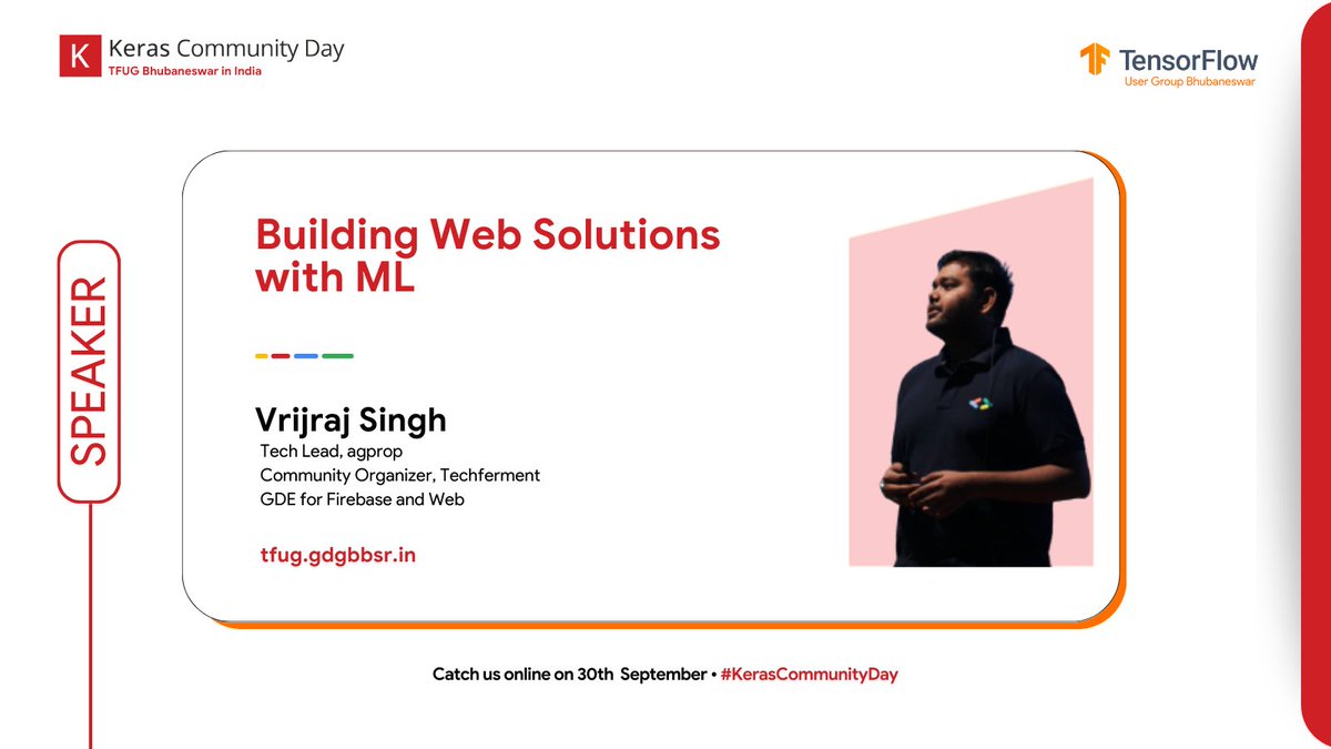 Elevate your website game with <a href="/SVrijraj/">Vrijraj Singh</a>'s expert tips on using Machine Learning to boost customer engagement. 🚀

Register now for the event: tfug.gdgbbsr.in/kcd23

#KerasCommunityDay #KerasDay
#TFUGBBSR #Keras #AI #MachineLearning 
<a href="/gdgindia/">Google Developer Groups India</a> <a href="/tfugindia/">TFUG India</a> <a href="/gdgbbsr/">GDG Bhubaneswar #CCD2025</a> <a href="/gdgcloudbbsr/">GDG Cloud Bhubaneswar #DevFest2024</a>