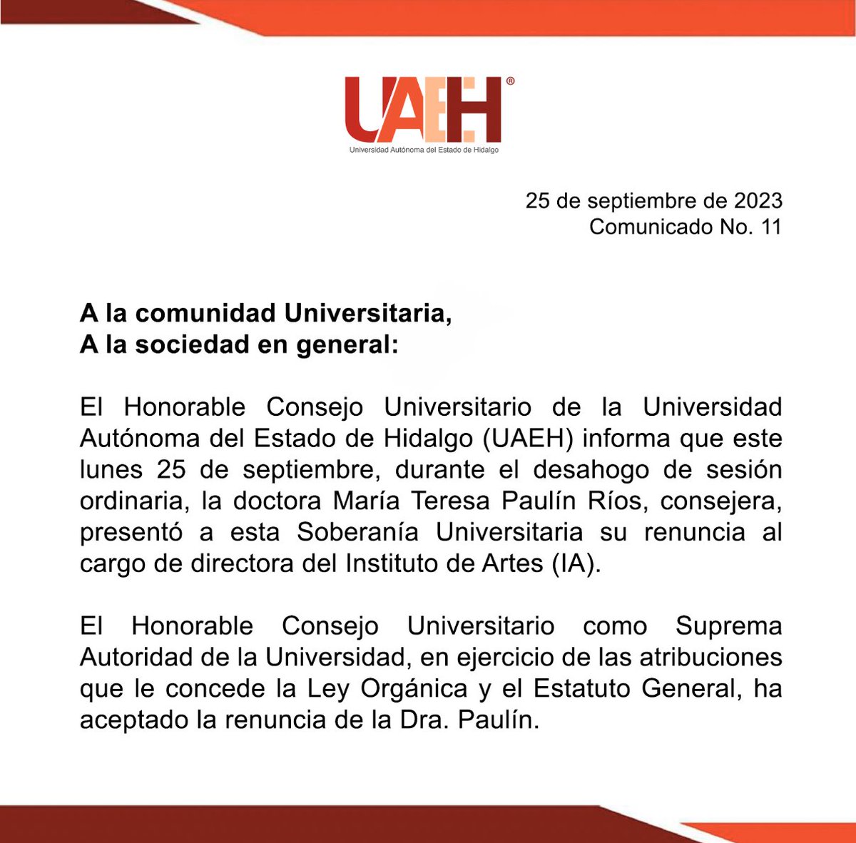 UAEH_OFICIAL's tweet photo. Comunicado No. 11
https://t.co/TsoaPCoMGF https://t.co/tVbTJE1uD0