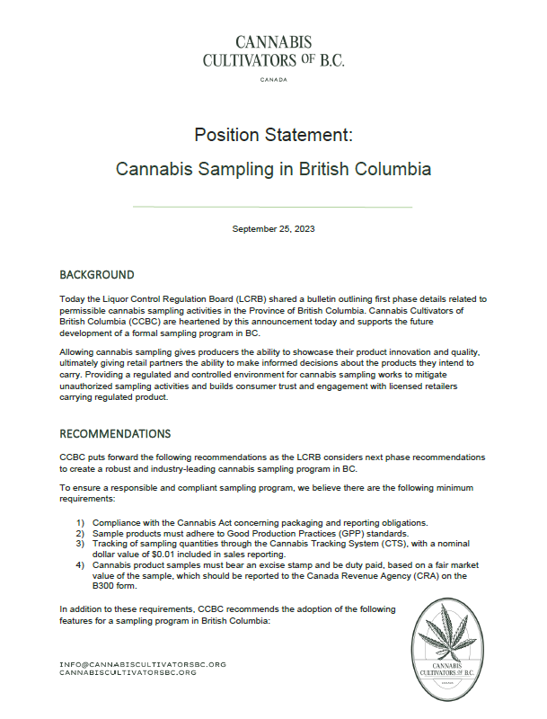 cultivatorsBC's tweet photo. Today the Liquor Control Regulation Board (LCRB) shared a bulletin outlining first phase details related to permissible cannabis sampling activities in BC . We are heartened by this announcement today and support the future development of a formal sampling program in BC. https://t.co/Cv0fCEUKoD