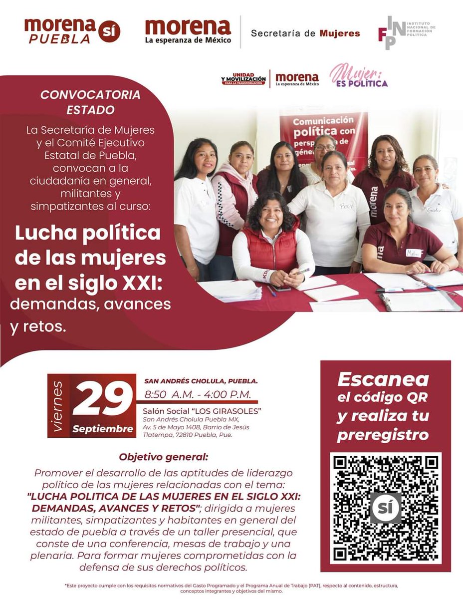 SEMMPuebla's tweet photo. La Secretaría de Mujeres del Comité Ejecutivo Estatal de Morena Puebla, convoca a ser parte del curso: ❞𝗟𝘂𝗰𝗵𝗮 𝗽𝗼𝗹𝗶́𝘁𝗶𝗰𝗮 𝗱𝗲 𝗹𝗮𝘀 𝗺𝘂𝗷𝗲𝗿𝗲𝘀 𝗲𝗻 𝗲𝗹 𝘀𝗶𝗴𝗹𝗼 𝗫𝗫𝗜: 𝗗𝗲𝗺𝗮𝗻𝗱𝗮𝘀, 𝗮𝘃𝗮𝗻𝗰𝗲𝘀 𝘆 𝗿𝗲𝘁𝗼𝘀❞ https://t.co/mU8BeGB93u