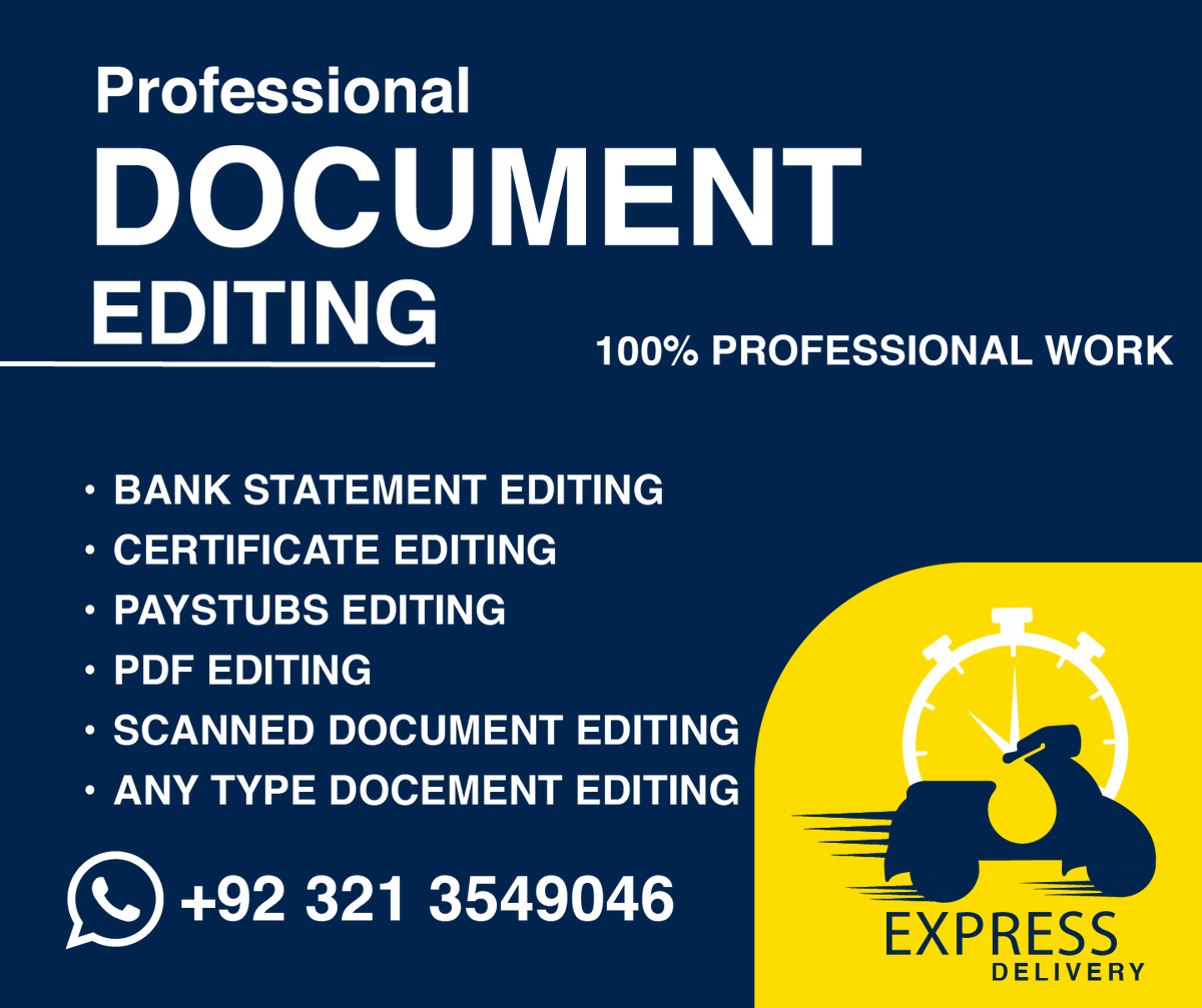 EditingPdf's tweet image. I Edit all types of Confidential, Official and Personal Documents and papers as per your need urgently.
Payment after work done
For Contact and Order DM me by WhatsApp: +923213549046
WhatsApp link:wa.link/j2fovc
#editbankstatement #editbankstatements #bank #statementedit