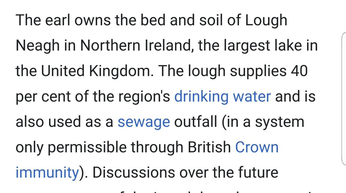 Shaftesbury came into possession of Lough Neagh due ultimately to the murderous activities of one of Elizabeth I's favourite thugs, Arthur Chichester . Pumping sewage into it is permissible under the bizarre legal dodge known as 'Crown immunity'. Scandalous stuff all round.