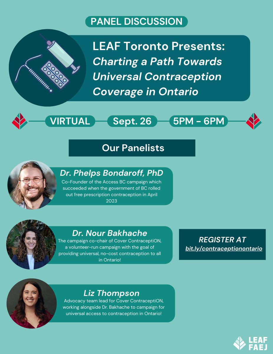 LEAF (Women's Legal Education and Action Fund) (@leafnational) on Twitter photo Celebrate #WorldContraceptionDay tomorrow by joining <a href="/leaf_toronto/">Leaf Toronto</a> for a virtual panel about the pathway to universal contraception coverage in Ontario! We'll hear from @liz_says_1 and <a href="/NBakhache/">Nour Bakhache</a> of <a href="/Contracepti_ON/">CoverContraceptiON</a>, and @tealePB of @accessBC: bit.ly/contraceptiono… Celebrate #WorldContraceptionDay tomorrow by joining <a href="/leaf_toronto/">Leaf Toronto</a> for a virtual panel about the pathway to universal contraception coverage in Ontario! We'll hear from @liz_says_1 and <a href="/NBakhache/">Nour Bakhache</a> of <a href="/Contracepti_ON/">CoverContraceptiON</a>, and @tealePB of @accessBC: bit.ly/contraceptiono…