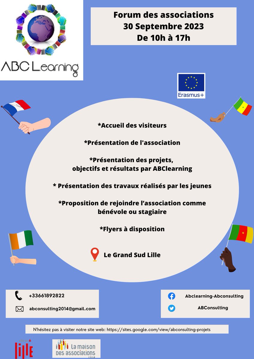 assoABCLearning's tweet image. 📷 Rejoignez nous le 30 septembre 2023 de 10h à 17h au Forum des  Associations -au Grand Sud 50 Rue de l&apos;Europe, 59000 Lille  pour  adhérer, échanger, vous informer !