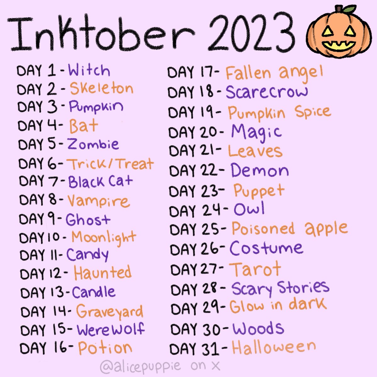 itzpupcake's tweet photo. i created an inktober 2023 prompt!~ 🕸️👻✨
feel free to use it as your inktober prompts this year!
i'll be posting art everyday of october 🎃 #inktober #inktober2023 https://t.co/1Kd3s2nYIq