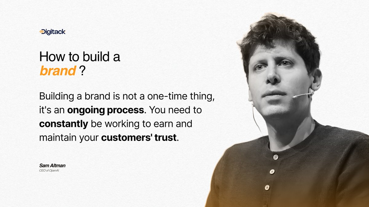 Digitack's tweet image. &quot;Brand building is a continuous journey where earning and preserving customer trust, as emphasized by Sam Altman, is the bedrock of lasting business success. 
#Startup #Cryptocurrency #InstaReels #Bitcoin #TrendingNow #ReelItIn #StartupLife #Entrepreneurship #Reels #Discover #Tec
