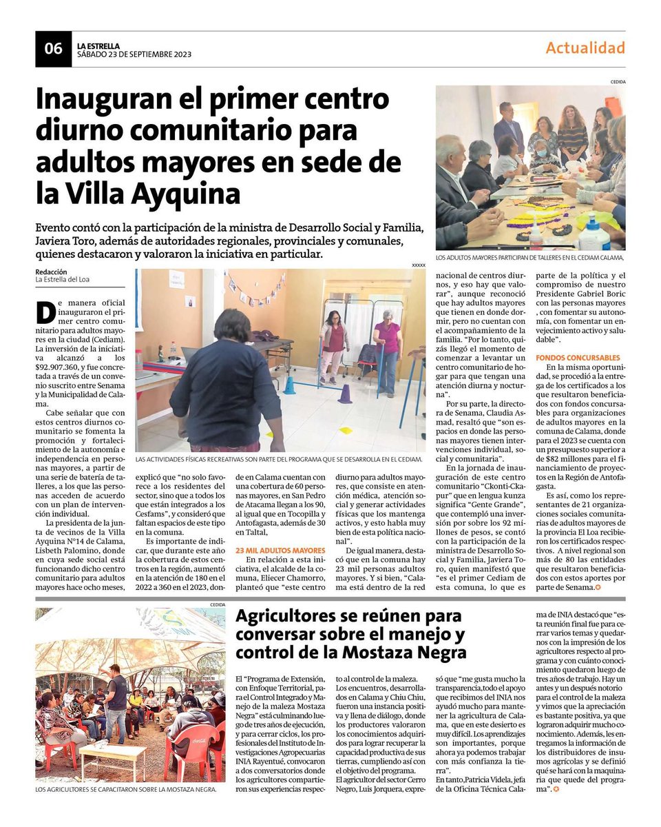 ✅Compartimos nota de prensa publicada por La Estrella de El Loa con motivo de la inauguración del Centro Diurno Comunitario para Personas Mayores "Ckonti-Ckapur" y la entrega del Fondo Nacional del Adulto Mayor en la región de Antofagasta 👇🏼🥰