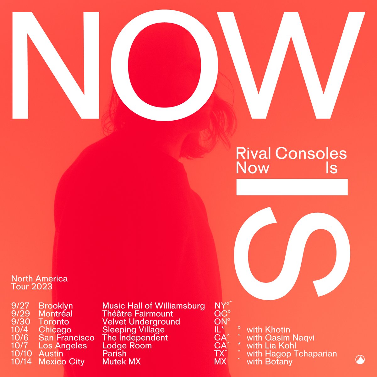 This week @RivalConsoles will begin his NOW IS North America Tour with support from Khotin (<a href="/dylankf/">khotin</a>), Qasim Naqvi (<a href="/qasimnaq/">Qasim Ali Naqvi</a>), Lia Kohl, Hagop Tchaparian and <a href="/BotanyMusic/">Botany</a>.

Final tickets: rivalconsoles.net/tour